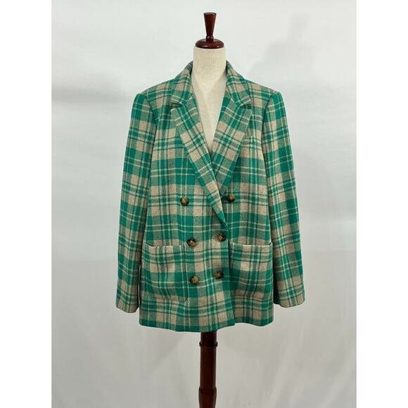 SEZANE Sz 46 14 Green Tan Check Plaid Wool Michele Jacket Blazer - Picture 8 of 12